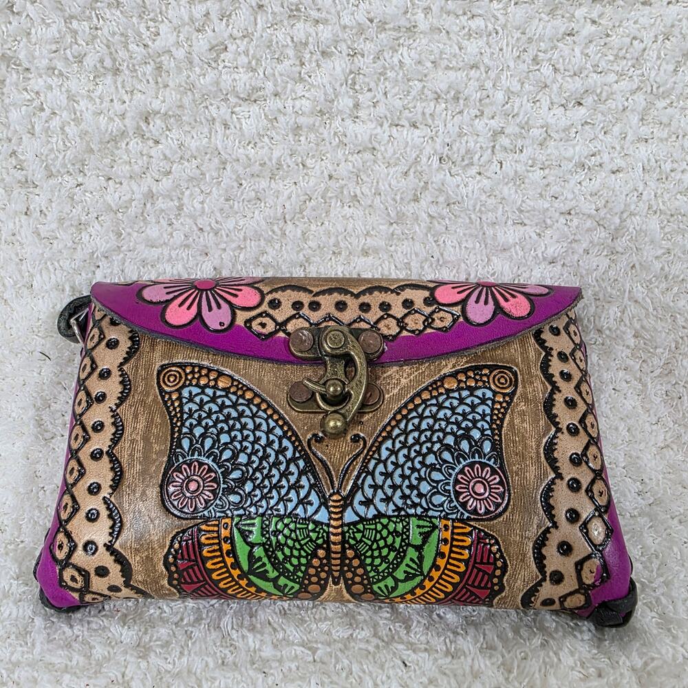 Mexican Hand-Tooled Leather Butterflies & Flowers Tan Clutch Wristlet Bag
